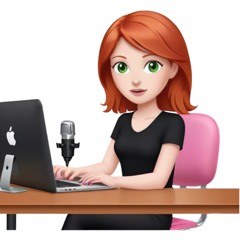Redhead with green eyes sat at desk with pink MacBook and  podcast microphone black top and pink chair  emoji