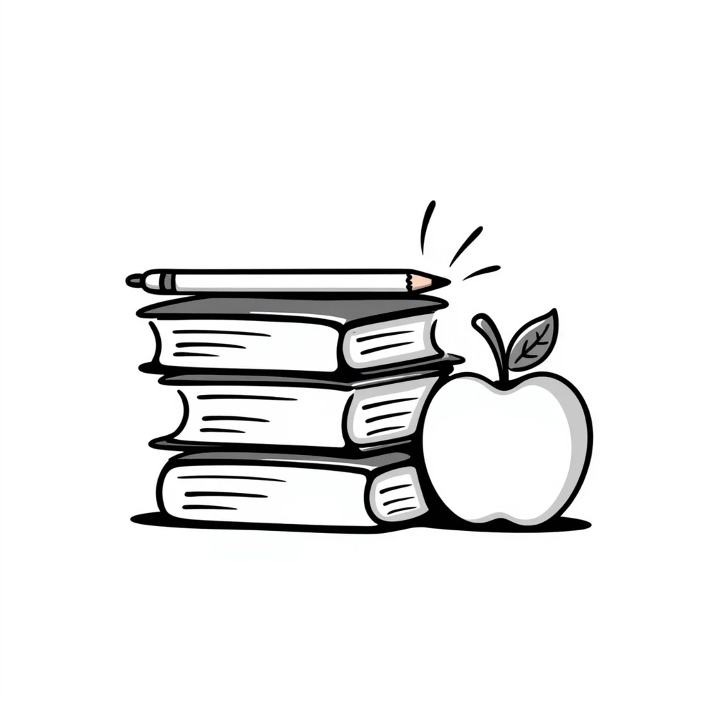 Stack of textbooks with pencil and apple emoji