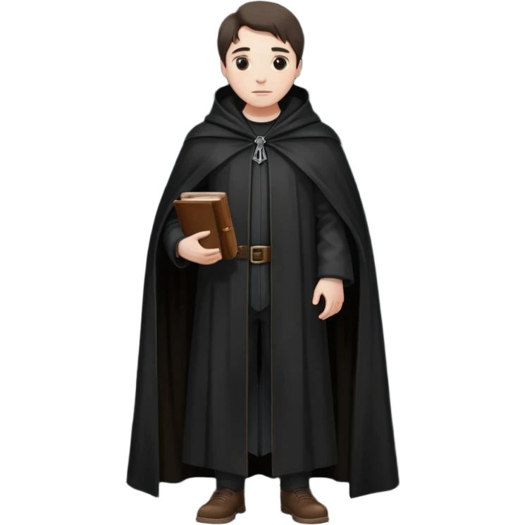 A wandering philosopher in a long black cloak with a book full height emoji