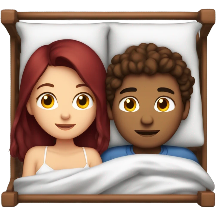Burgundy haired girl and brunette boyfriend cuddling in bed emoji