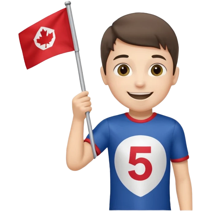 A boy in a jersey, excitedly lifting a small handheld flag. emoji