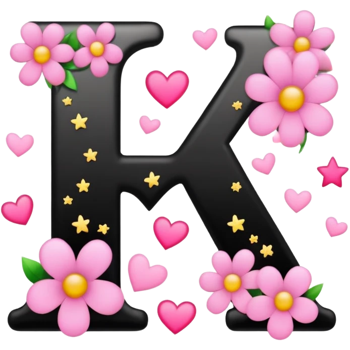 The letters KK in black font with a pink heart stars and flowers emoji