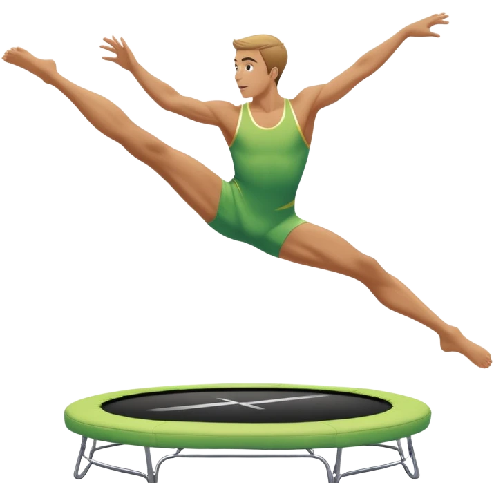 An athletic person soaring high above a trampoline, executing an acrobatic flip with perfect form. The scene captures motion and energy, with a dynamic pose, stretched limbs, and a focused expression. The background suggests a professional trampoline arena with safety padding. emoji