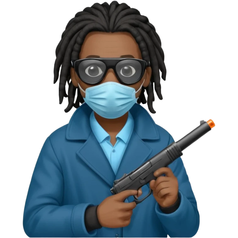 African American man with shoulder length black dreadlocks  wearing black sunglasses wearing a black bubble winter coat wearing a blue hospital mask covering mouth and nose  holding a Glock gun in hand emoji