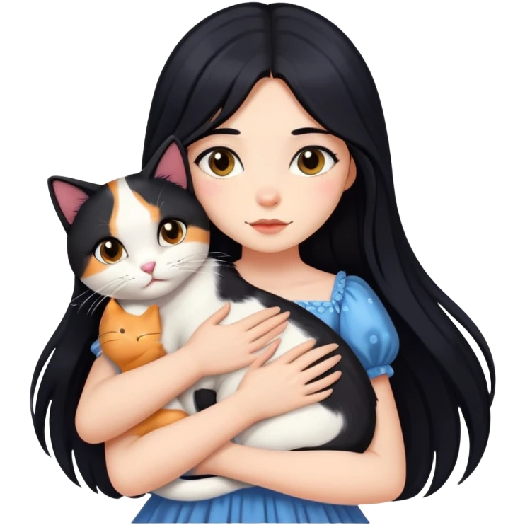 A beautiful girl with long black hair wearing a dress hugs a cat of three colors emoji