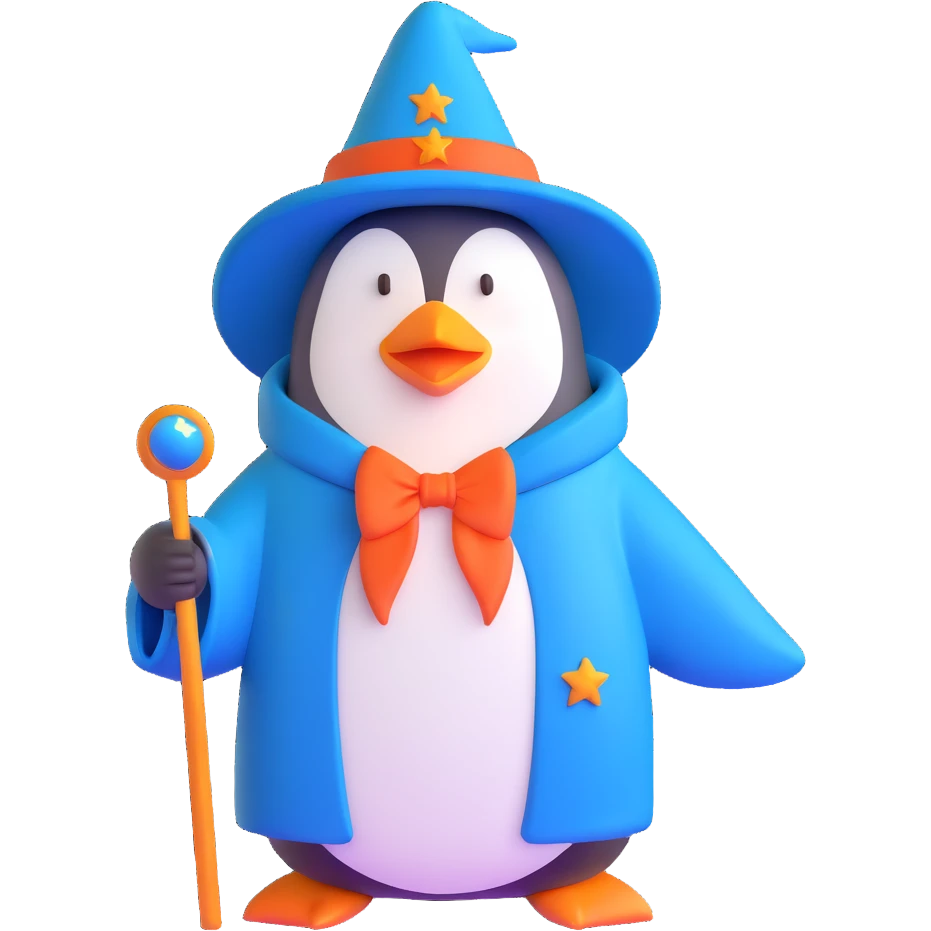 penguin wizard with a blue robe and starry hat emoji