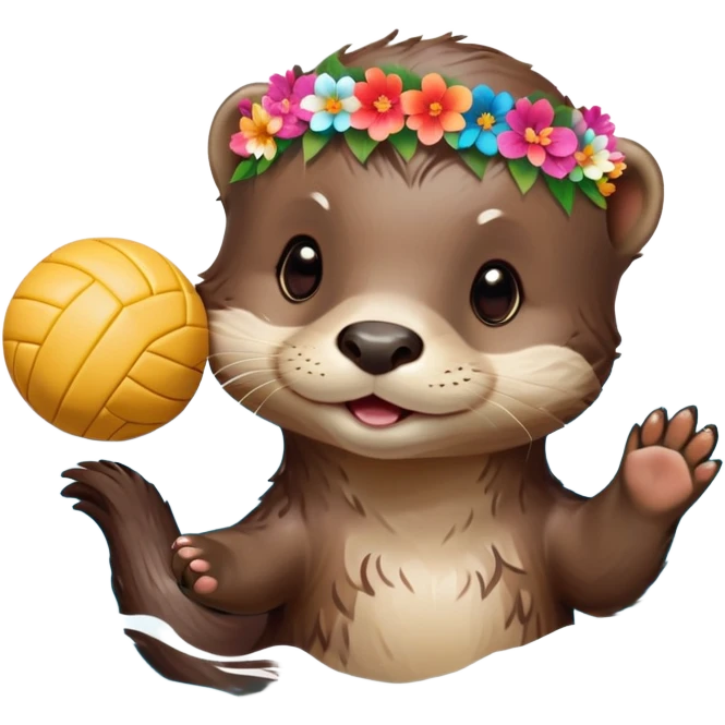 super cute baby otter with a colorful flower crown ring around its head, gentle expression, FLOATING ON EXTREMELY OBVIOUS BRIGHT BLUE WATER with exaggerated large waves, splashes and ripples surrounding the otter, baby otter holding a volleyball with both paws above the very prominent water emoji