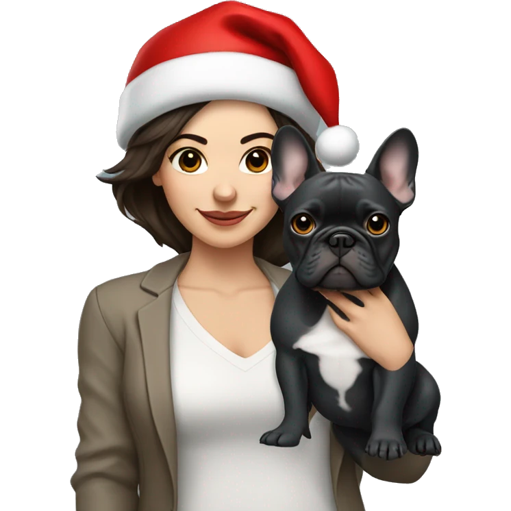 brunette woman with a dark grey French bulldog both wearing Santa hats  emoji