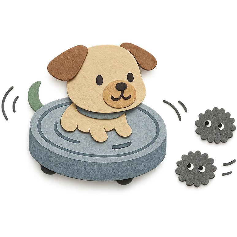 cute puppy-shaped vacuum robot spinning and chasing dust bunnies, soft grey pastel, full-body emoji
