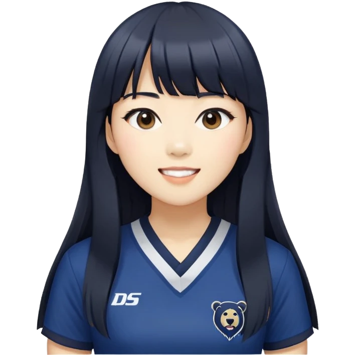 East Asian woman with long black straight hair and bangs wearing navy and white Doosan Bears team colors, cheering emoji