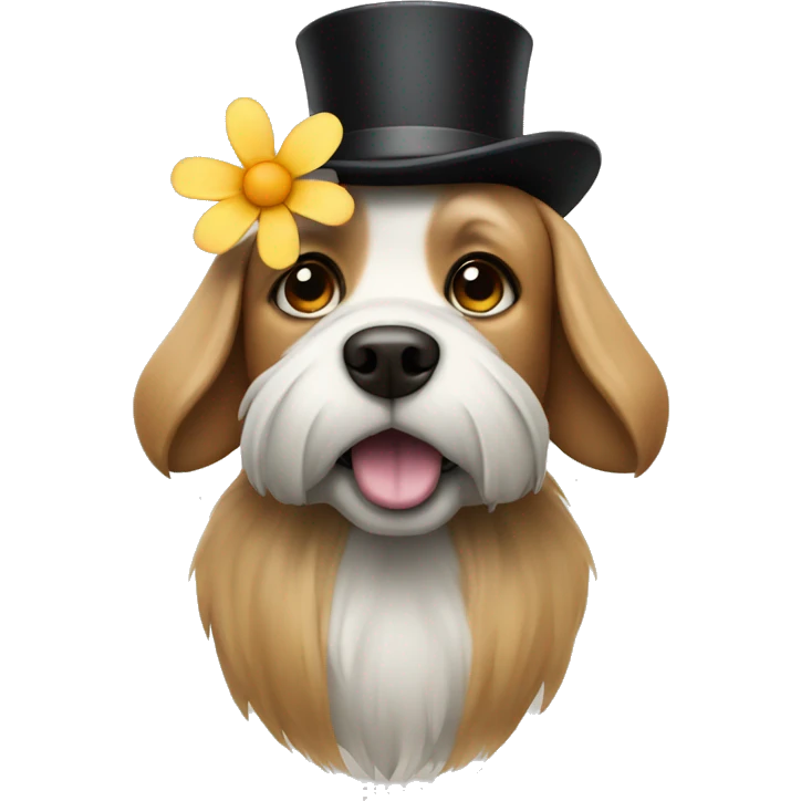 A dog with top hat looking at flower emoji