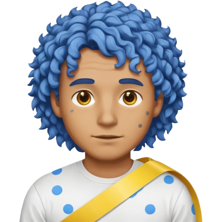 Make me an emoji that has a guy with a white shirt and yellow tape around the shirt with brown and blue spots hair make the hair curly make the yellow tape go around it emoji