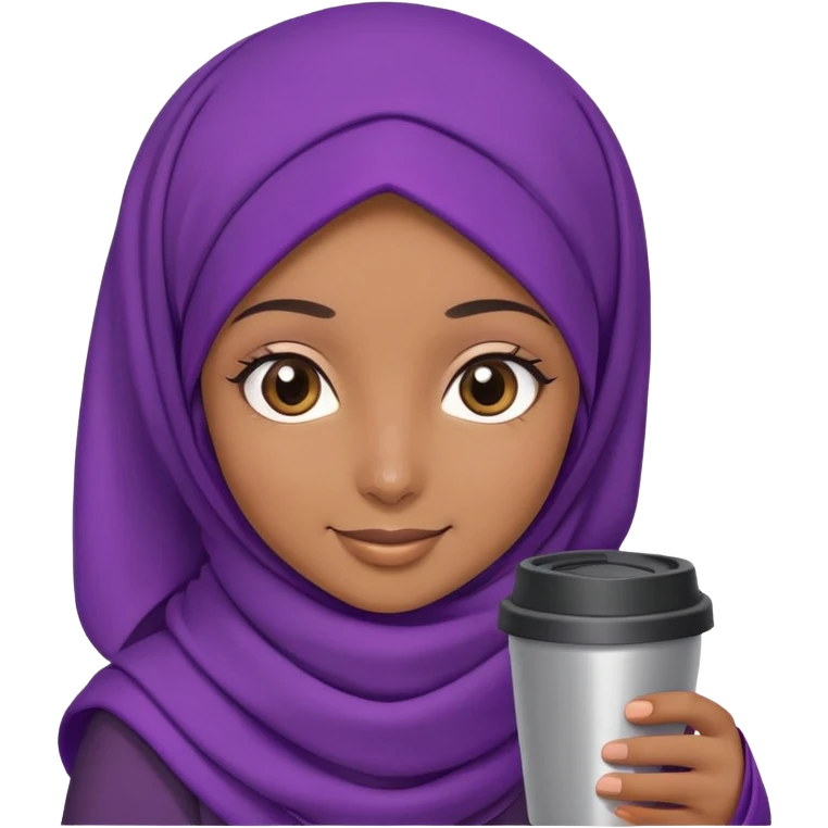 A hijab girl with big brown eyes and purple scarf,with small smile,and a travel mug in her hands. emoji