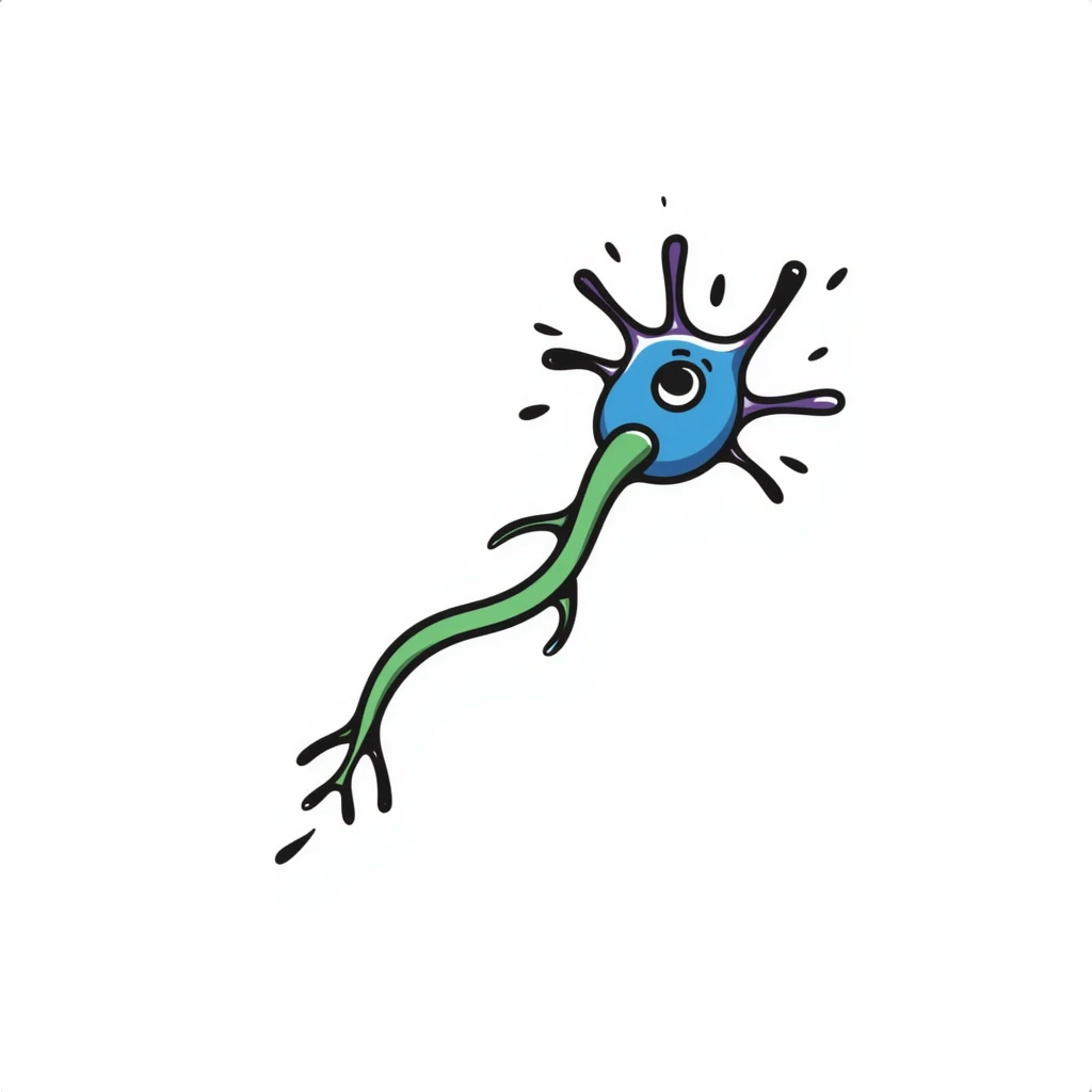 Anatomical neuron illustration with neuroprotective elements: blue cell body (soma), purple dendrites branching out, long green axon with myelin sheath, and protective shield-like aura surrounding the entire neuron. Hand-drawn detailed scientific diagram with glowing protective barrier. emoji