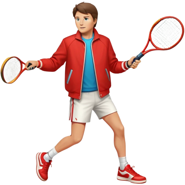 Marty McFly playing tennis, wearing his iconic red jacket and futuristic sneakers, holding a tennis racket, dynamic pose, retro-futuristic style, vibrant colors, simple and clean design, emoji-style illustration. emoji