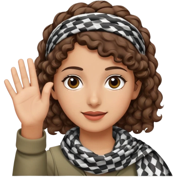 Palestinian girl emoji style, waving, short curly brown hair, wearing a keffiyeh headband, friendly face, plain background emoji