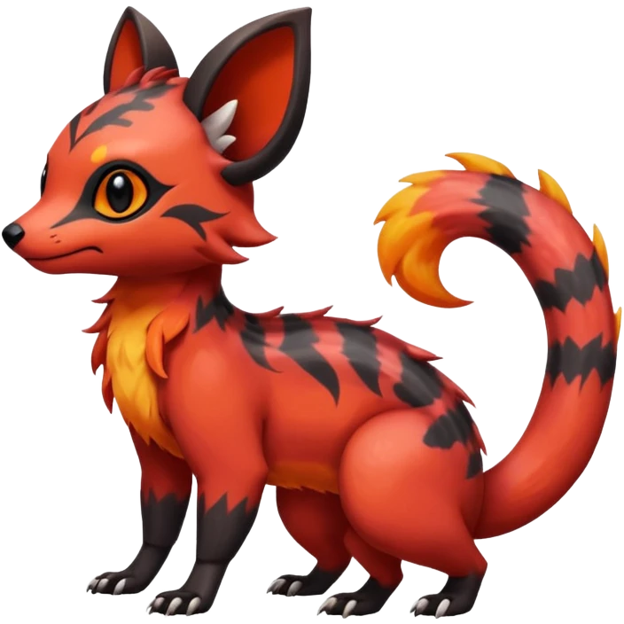 Rare tropical warm-colored exotic cute epic aesthetic colorful Salandit-Eevee-Civet-species-Fakemon-hybrid-creature, with wild fiery markings, full body emoji