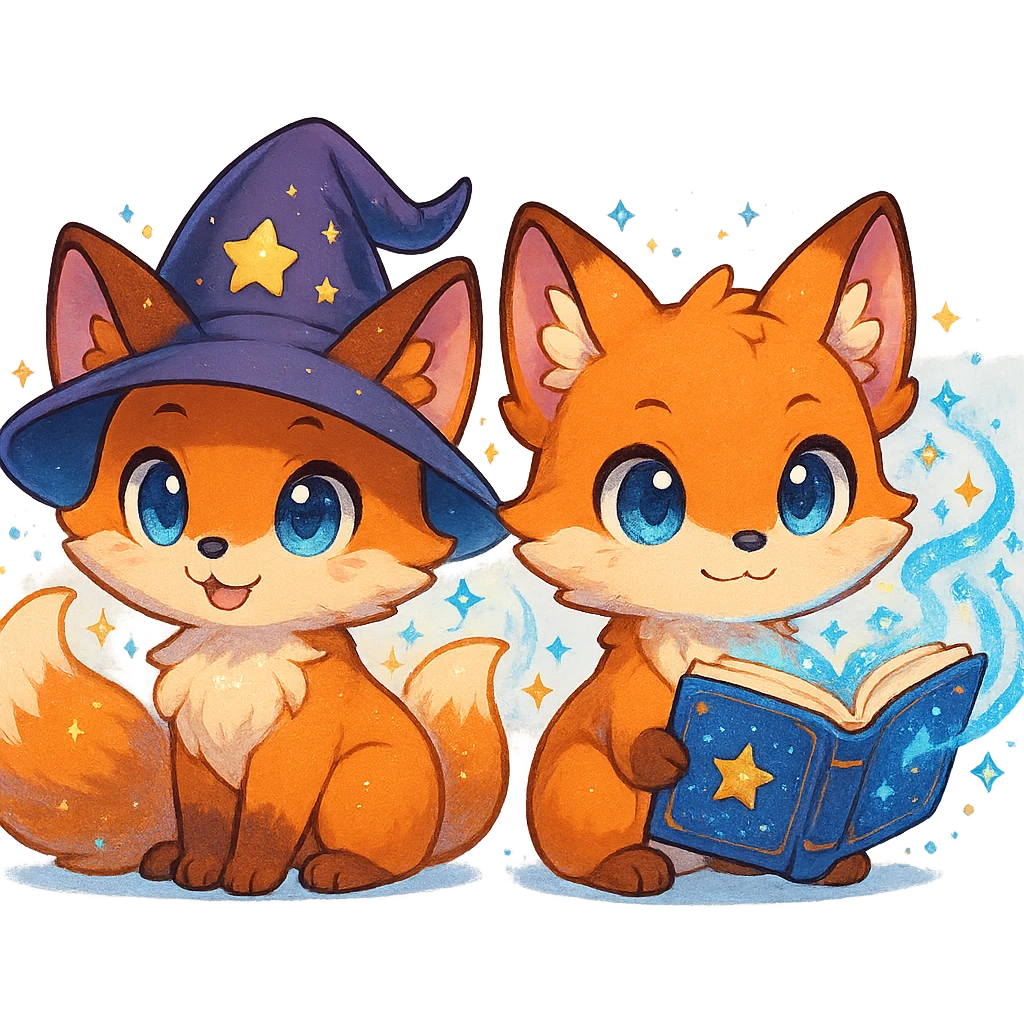 chibi anime style fox duo, both magical, one with a wizard hat, the other with a magical book, cute, colorful, detailed emoji