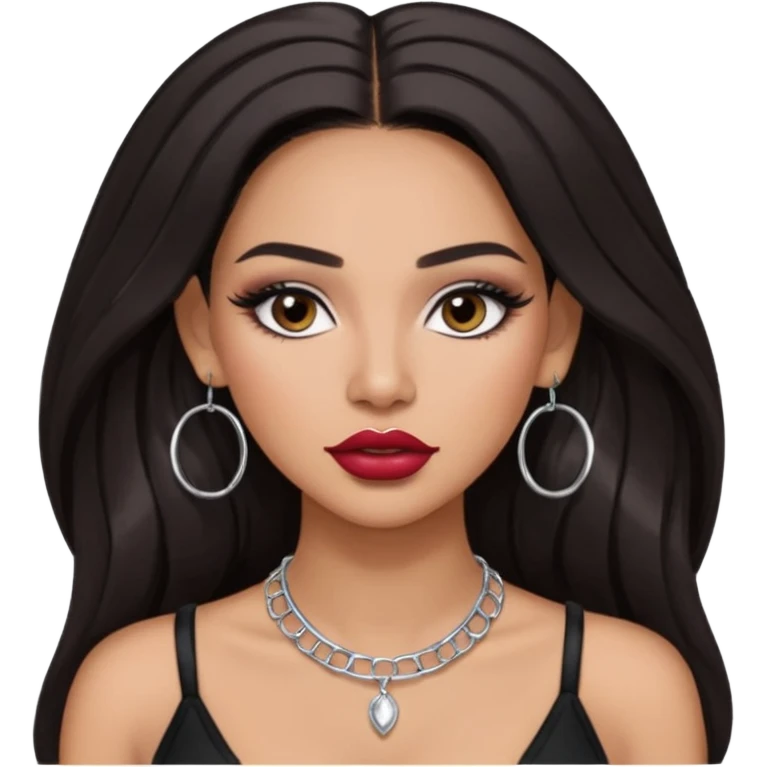Latina makyaj olsun, düz fiyatlar, halka küpeler büyük gümüş renginde olsun, kolye taksın gümüş renginde. Günümğzdeki latina girl ler gibi olsun saçı uzun olsun. crop olmasın baddy giyisin. makyaj bol olsun, dudak kalemi dudağını dolgun yapsın, kirpiği olsun, saçı kaparık olmasın emoji