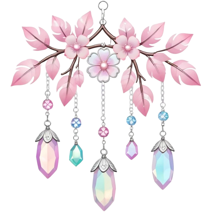 Hanging Iridescent pastel pink sakura crystals white-pearly suncatcher with bells and feathers emoji