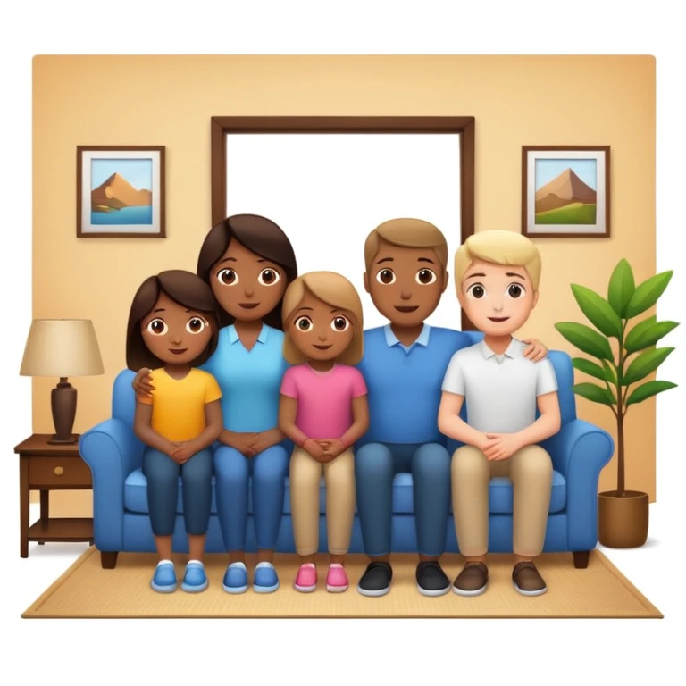family posing for photo, living room background emoji