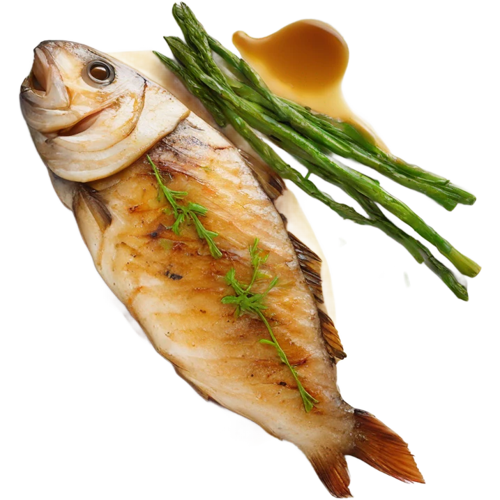 grilled fish small 3 fillet with brown butter sauce on white plate emoji