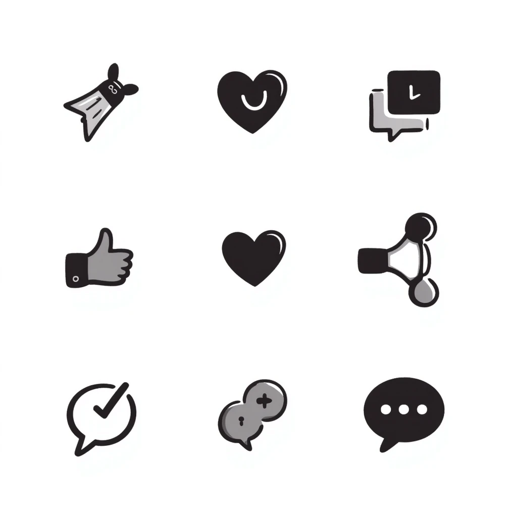 Hand-drawn social media icons and symbols emoji
