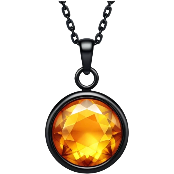 extreme close up of a round cut holographic amber charm with black setting and black chain, chain and setting very close to the gem emoji