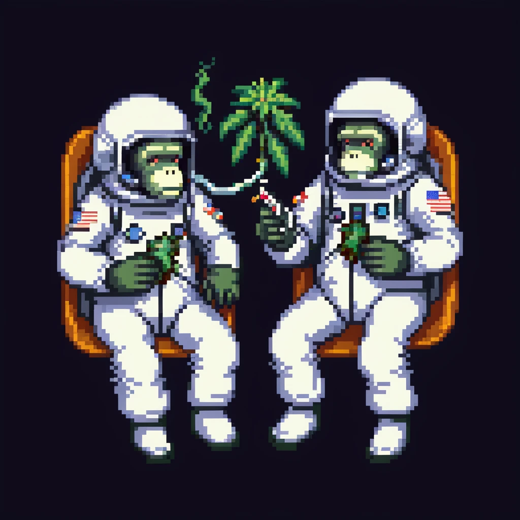 multiple apes in space suits floating and smoking weed emoji