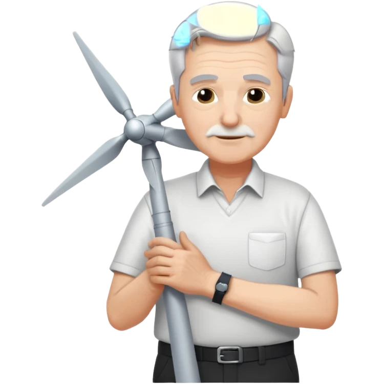an older white man with grey hair and a white shirt and black pants , hugging a silver wind turbine emoji