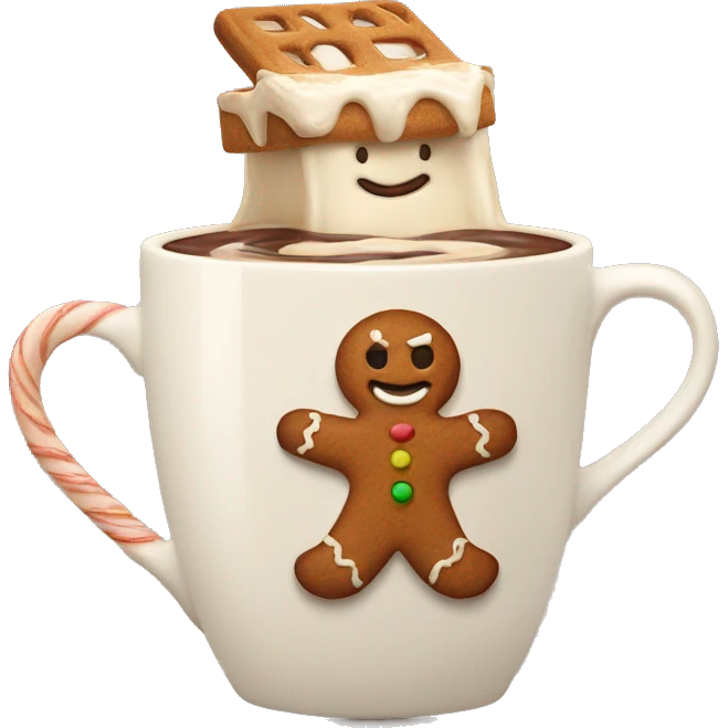 Hot chocolate in a cream mug with a gingerbread man on emoji