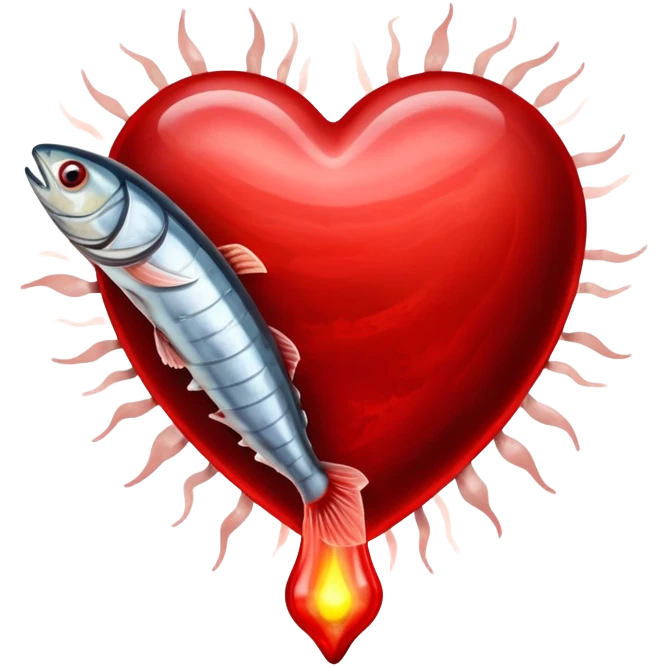 Glowing pieces of liver, red meat, and sardines floating around a red blood cell that shines brightly like a torch. Streams of light connect the blood cell to a heart and muscles, showing how heme iron creates energy and vitality throughout the body. emoji