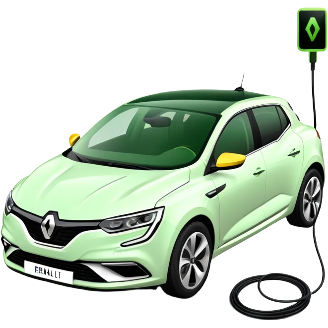 Renault Megane E-Tech electric car with charging cable plugged in, green color emoji