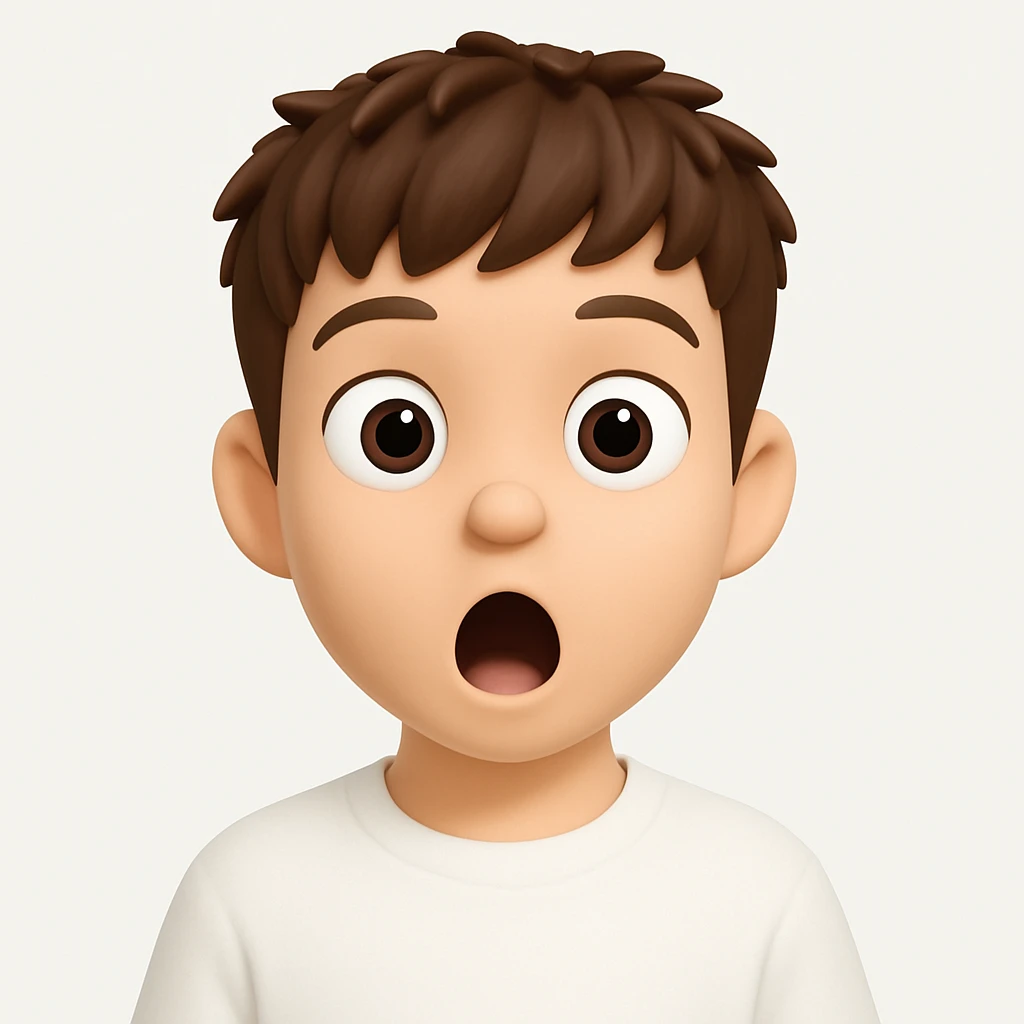 Create a 3D cartoon emoji character with a large head, big eyes, smooth skin, simple features, and a surprised face. The style should be clean, modern, and minimalistic with soft lighting and a white background. The character should be front-facing and inspired by the Apple Memoji/Pixar style as shown in the reference image. emoji