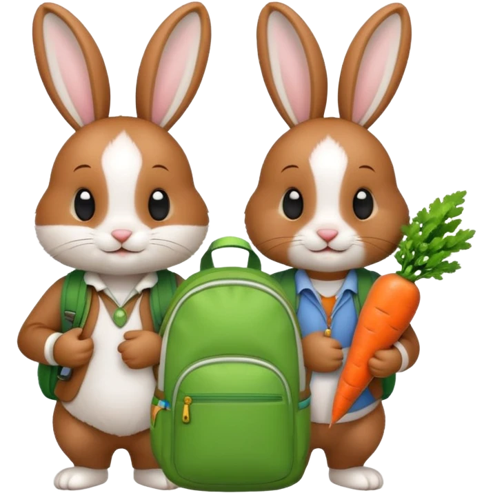  Two bunny brown & white, bunny with a green backpack, holding a carrot emoji