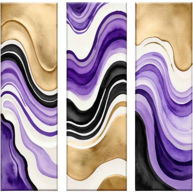 Black, white, gold, purple, abstract Watercolor paintings on three canvases next to each other  emoji