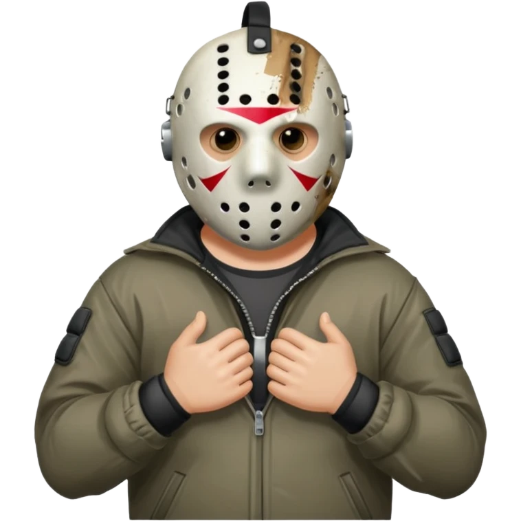 a cartoon image of Jason Voorhees, looking cute, with his hands clasped in front of him, at a sideways angle emoji