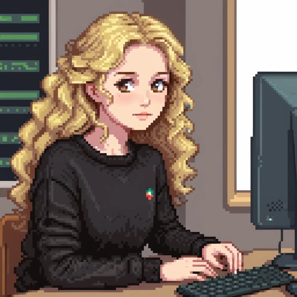 pretty brown-eyed blonde young woman with wavy hair, wearing a black sweater, working on a computer in a cozy office emoji