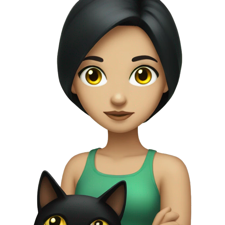girl with black hair with dark green eyes holding a black cat with yellow eyes emoji