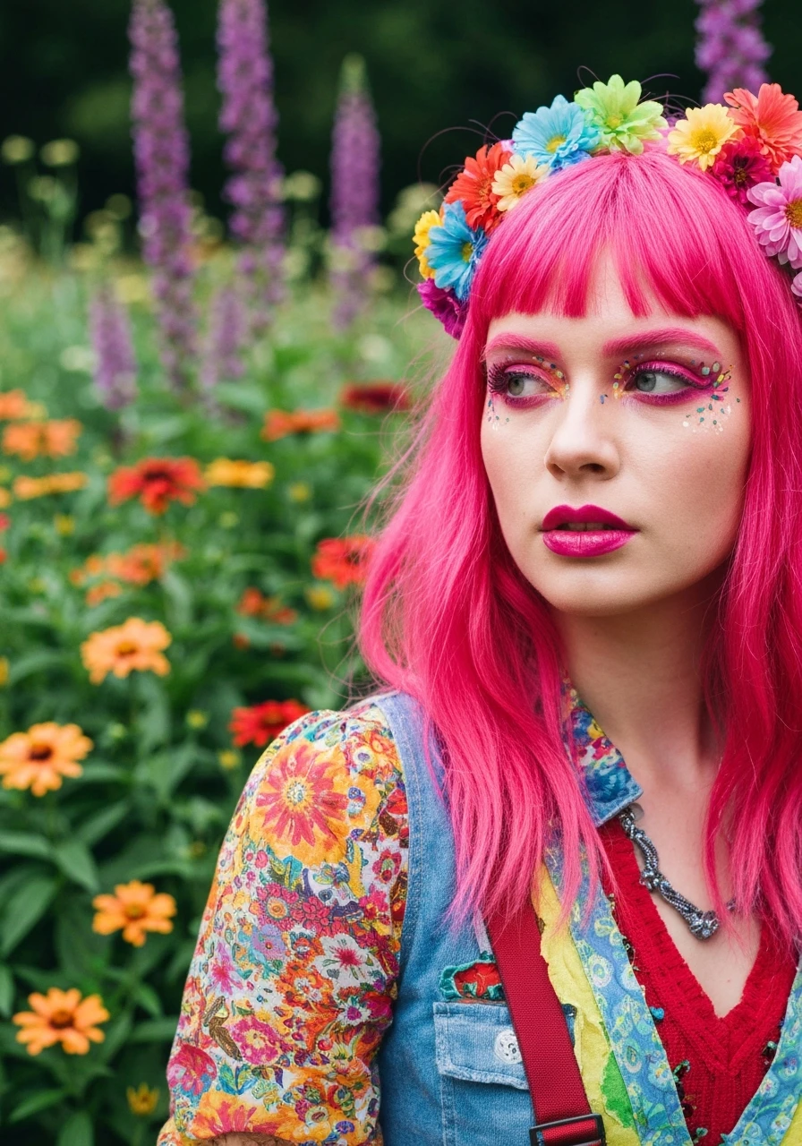 Closeup photo of a woman around colorfull flowers wearing alternative fashion emoji