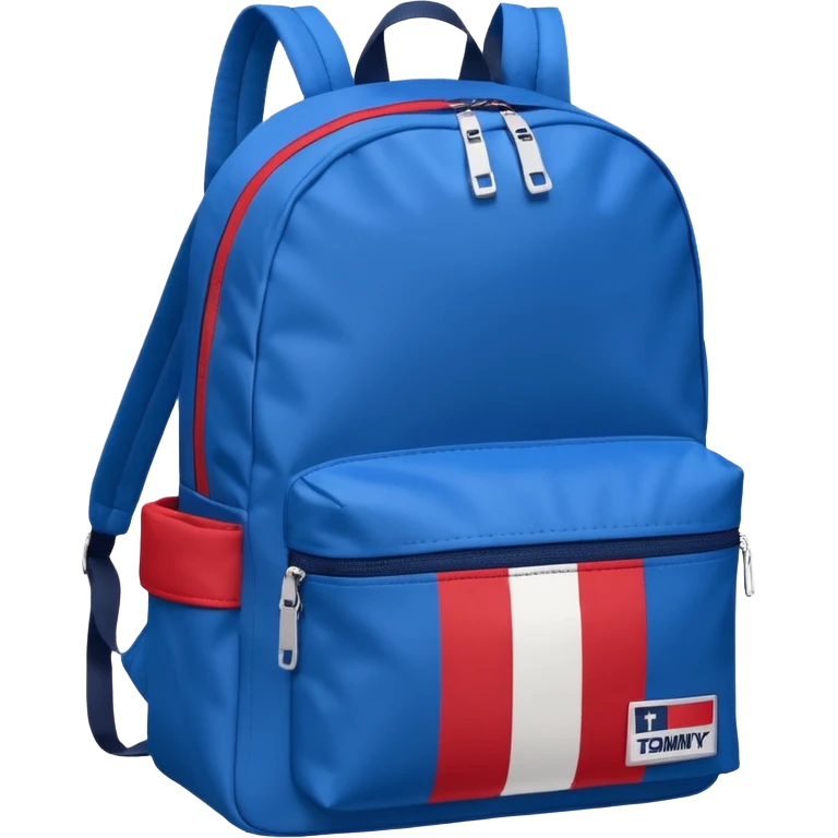 simple blue backpack, at the bottom pocket there is a  logo featuring a Tommy Jeans-inspired logo. The logo looks like a vertically-flag in one red, one white. The flag stripes are vertical, not horizontal. Flat

 emoji