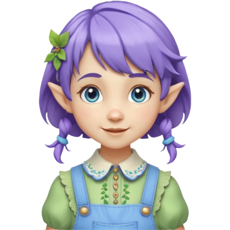 Kind happy whimsical quirky Girl toymaker, wood carving elf. Woodland nature creator. Blue eyes. Short bob, brown wavy hair with bangs. Whimsical playful cute. Overalls with nature embroidered cute shirt collar. Light green, light purple and light blue colour aesthetic  emoji
