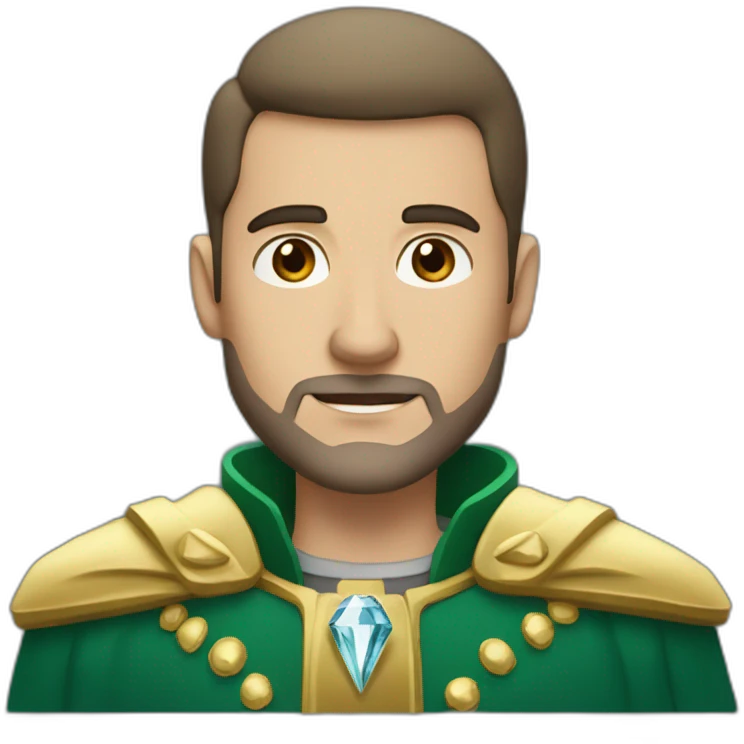  baldy brunette men with stubble and a gold crown with red and blue and green diamond and a gray shirt and coat  emoji