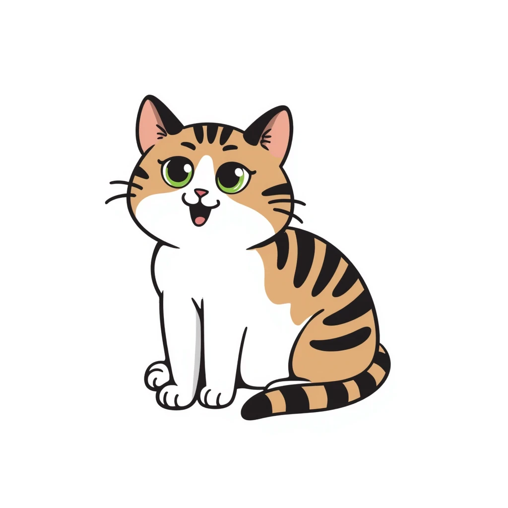 Brown, white, and black tabby cat with green eyes sitting to show its white belly, hand-drawn style emoji