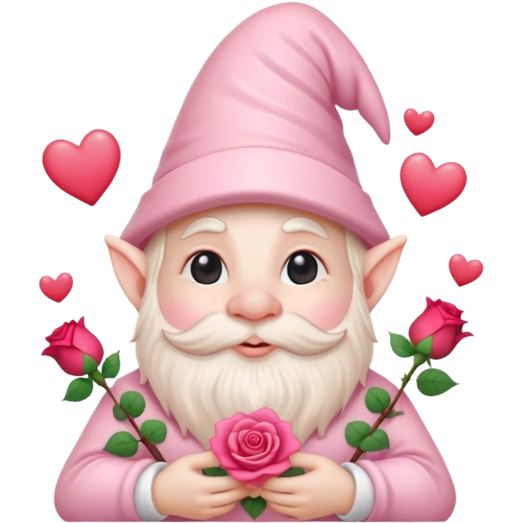 An adorable little pale pink Valentine’s Day style gnome with a rose and hearts in the background emoji