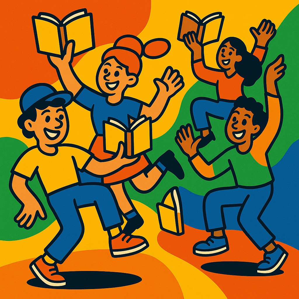 Group dance with a group performing dance moves with open books, smiling, lively and fun atmosphere, vibrant and playful style emoji