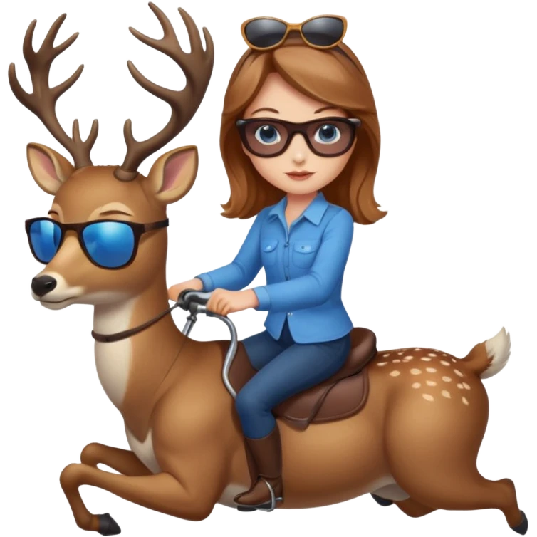 Girl with light brown hair and blue eyes riding a deer wearing sunglasses emoji