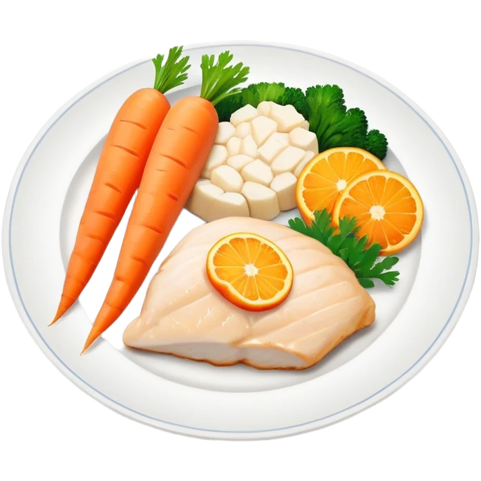 A plate with chicken, fish fillet, and bright orange carrots, with vitamin A nutrition labels emoji