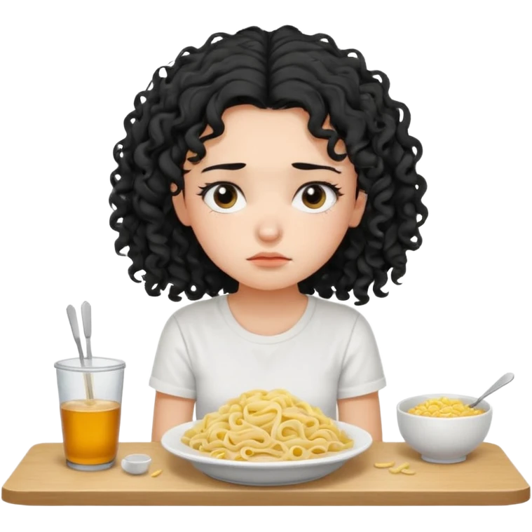 generate a pretty bratz fair skinned girl with curly black hair wearing a white tshirt sitting on a table with noodles. looking sleepy and tired emoji