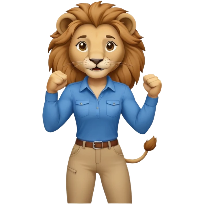 friendly anthropomorphised female lion in a shirt and pants with fist raised, energetic pose emoji